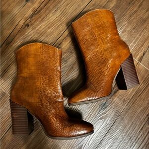 Brown Croc-Embossed Ankle Boots